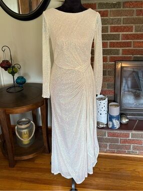 Ieena for Mac Duggal Ivory Long-Sleeve Sequin Gown